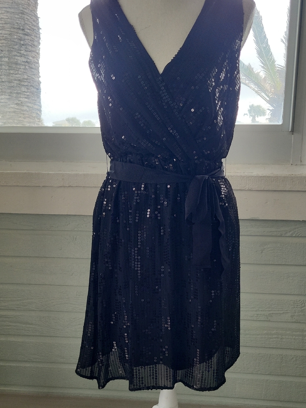 Sleeveless Black Sequin Wrap Mini Dress with Tie Waist
